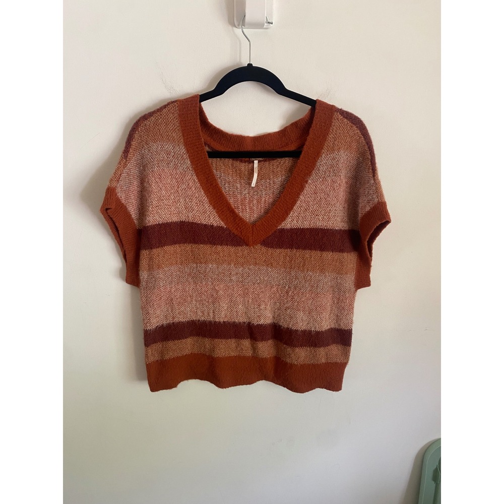 Free People Striped V-Neck Sweater Vest‎ Rust Orange Fuzzy Knit Cap Sleeve Small